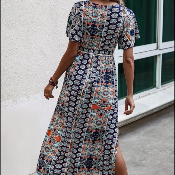 Boho Tribal Floral Print V Neck Side Slit Belted Maxi Dress - Picture 4 of 6